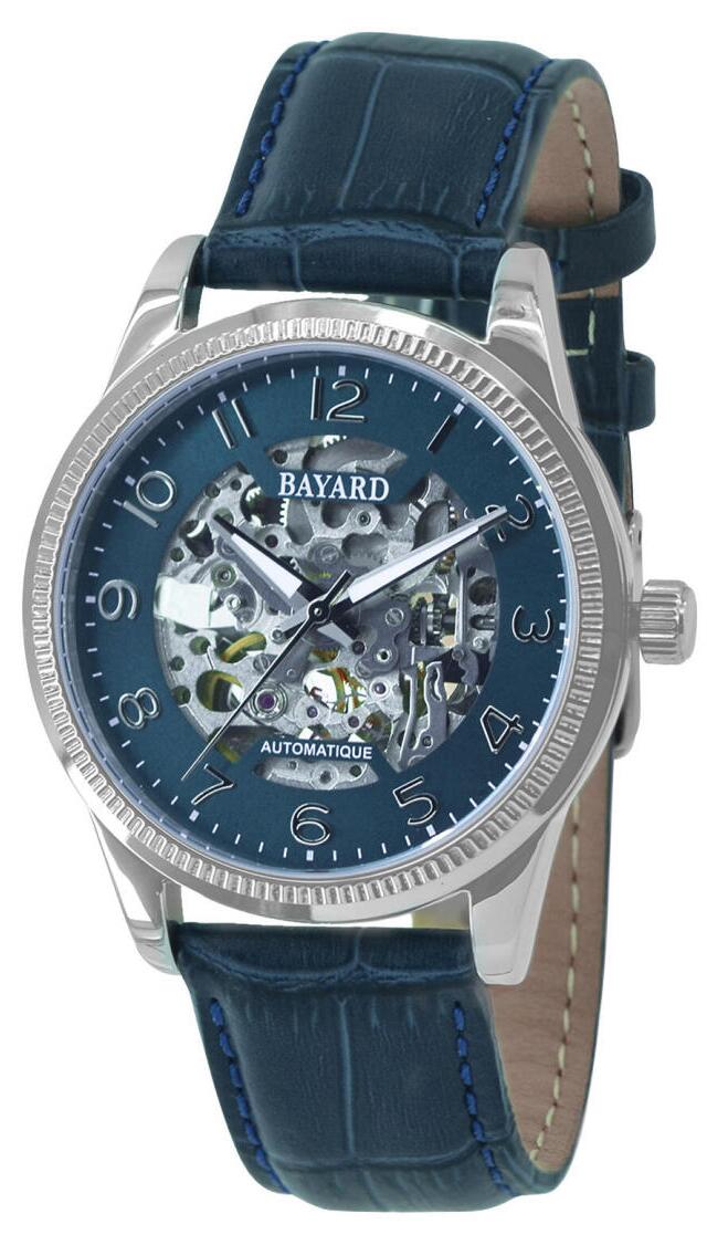 Montre automatique squelette bleue bracelet cuir Bayard