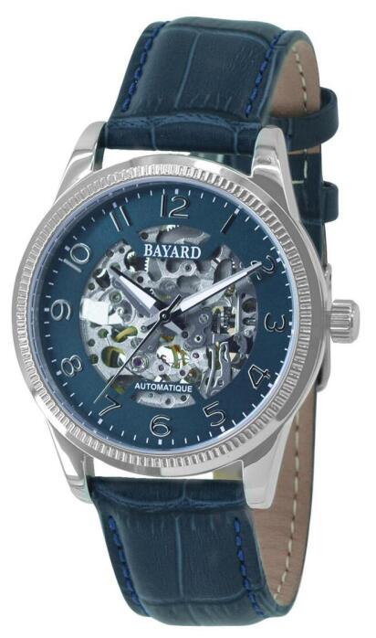 Montre automatique squelette bleue bracelet cuir Bayard
