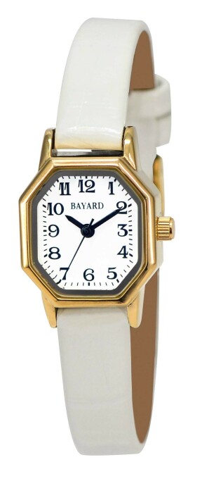 Montre pour dame boitier acier octogonale bracelet blanc façon cuir Bayard