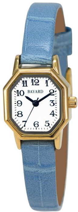 Montre pour dame boitier dor&eacute; octogonale bracelet bleu fa&ccedil;on cuir Bayard