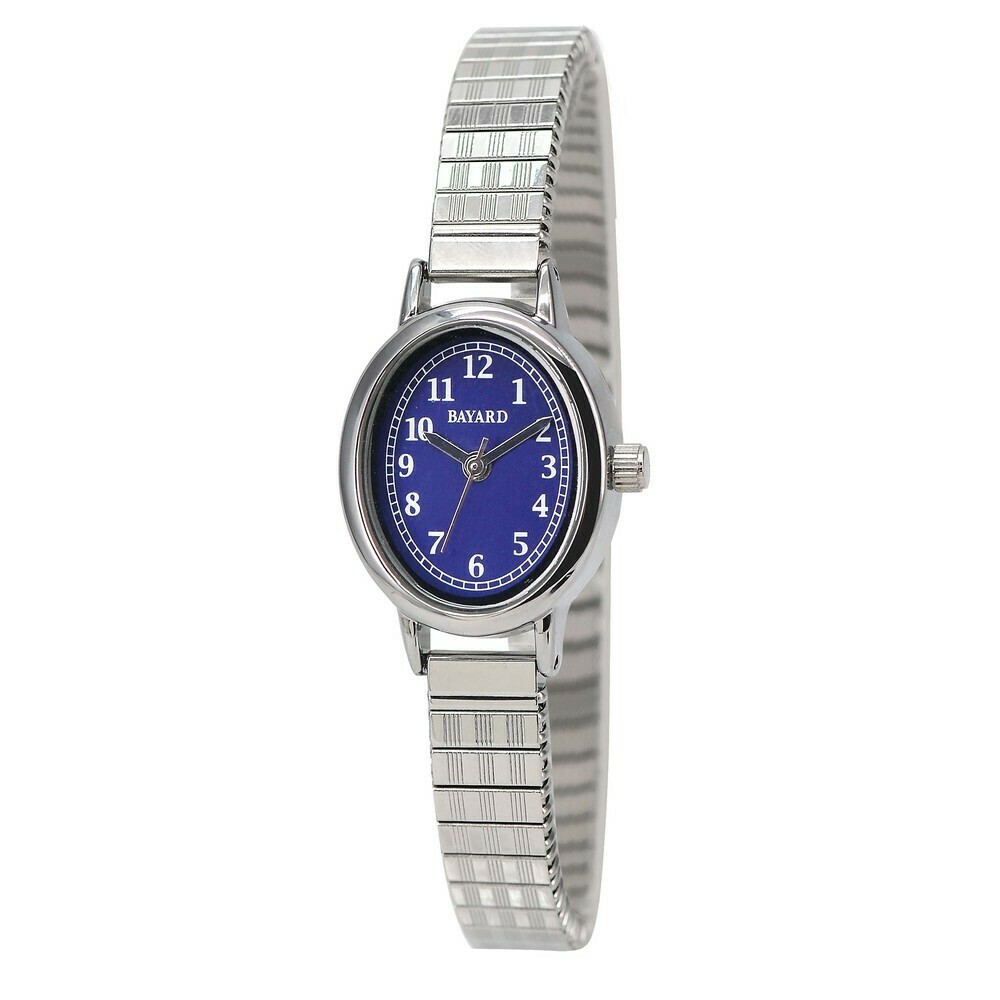 Montre &agrave; quartz ovale argent&eacute;e cadran bleu pour dame