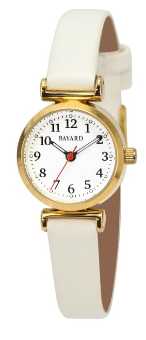 Montre à quartz ronde dorée pour dame bracelet blanc