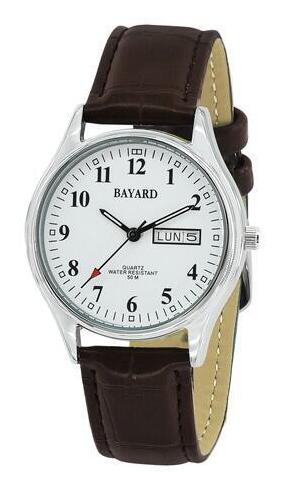Montre ronde bracelet marron avec date et jour en fran&ccedil;ais Bayard