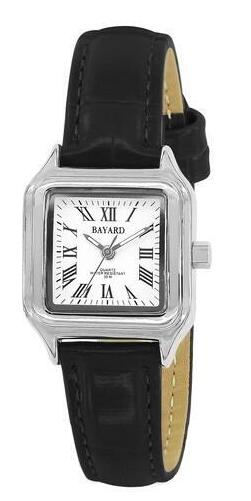 Montre carr&eacute;e argent&eacute;e bracelet en cuir noir pour femme Bayard