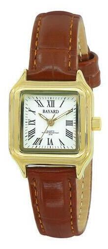 Montre carr&eacute;e argent&eacute;e bracelet en cuir marron pour femme Bayard