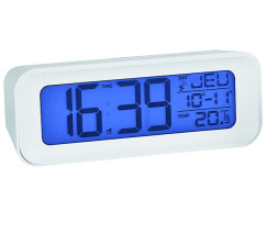Réveil digital blanc radio-piloté éclairage bleu avec jour, date et température