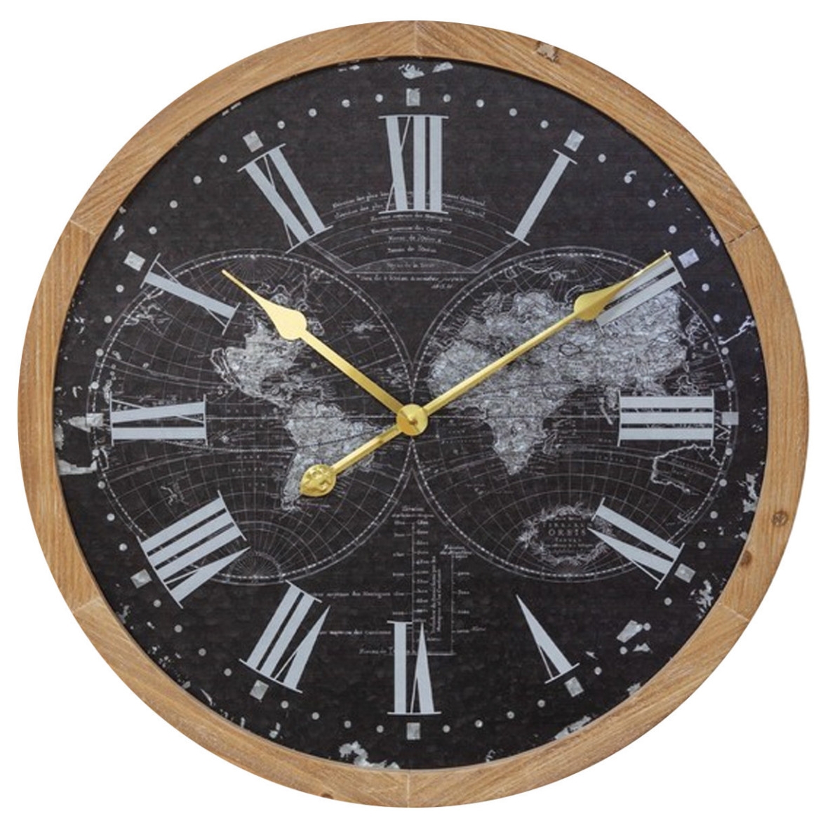 Horloge murale g&eacute;ante mappemonde en bois