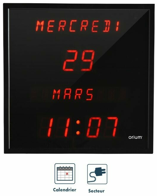 Horloge murale digitale affichage rouge en fran&ccedil;ais date et heure
