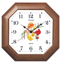 Horloge murale bois teinté noyer octogonale fleurs