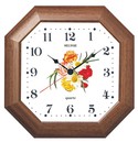 Horloge murale bois teint&eacute; noyer octogonale fleurs
