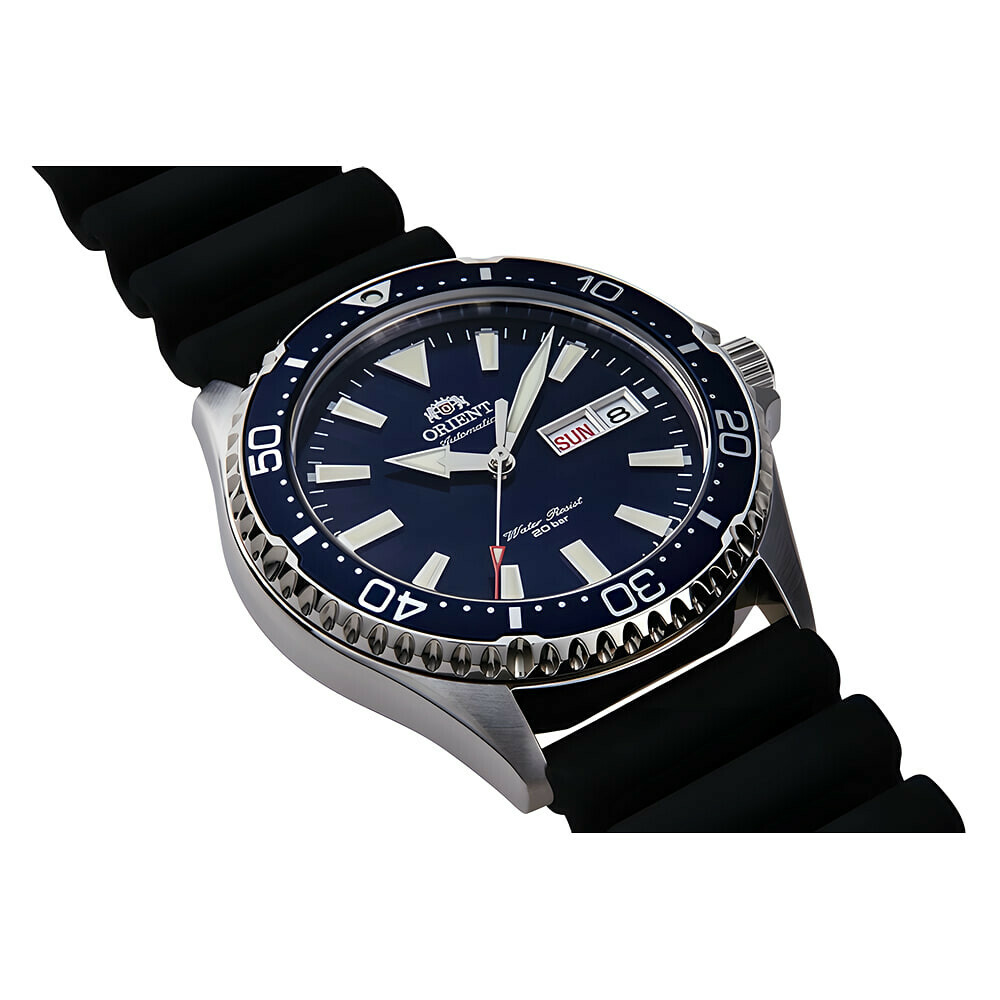 Montre ORIENT automatique cadran bleu bracelet noir en m&eacute;tal argent&eacute; pour homme avec date profil