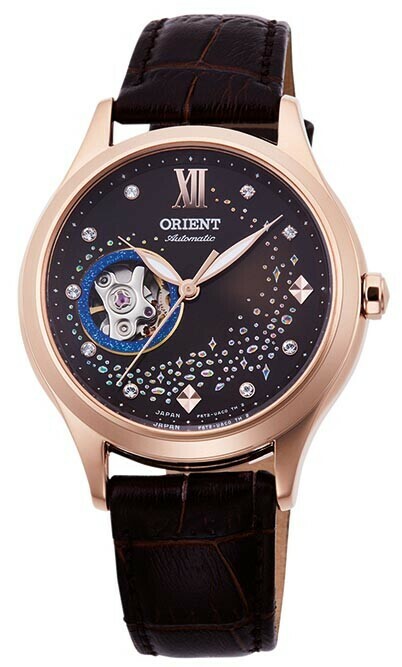 Montre automatique marron strass pour femme mouvement apparent