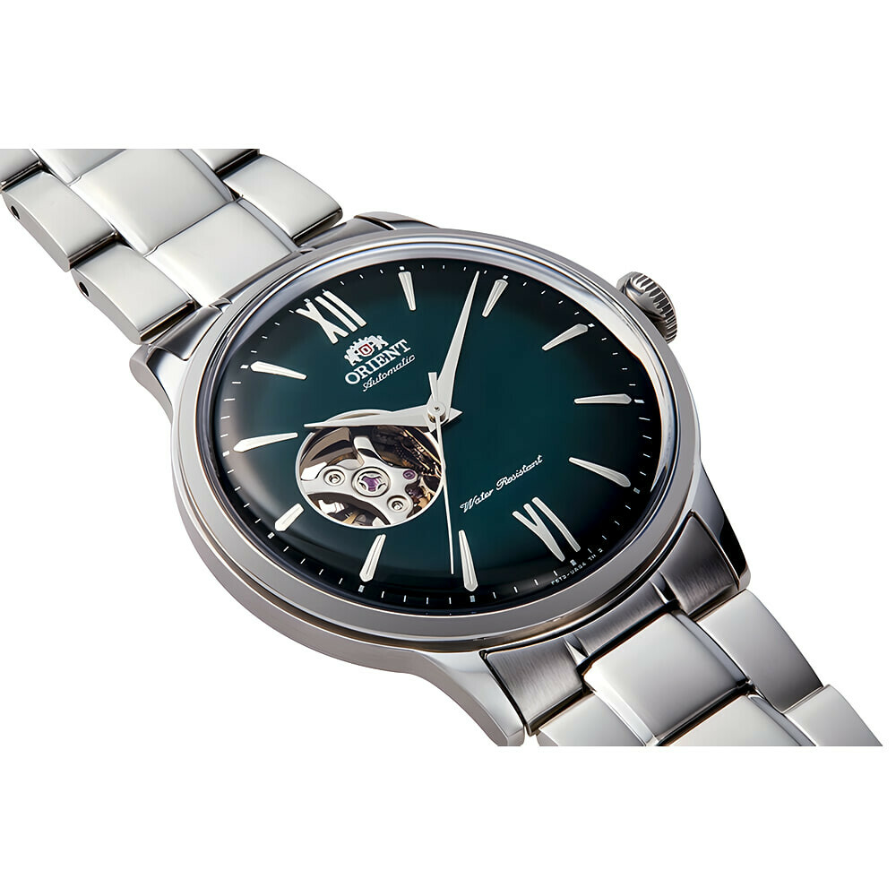 Montre automatique Orient open heart cadran vert homme RA-AG0026E pos&eacute;e