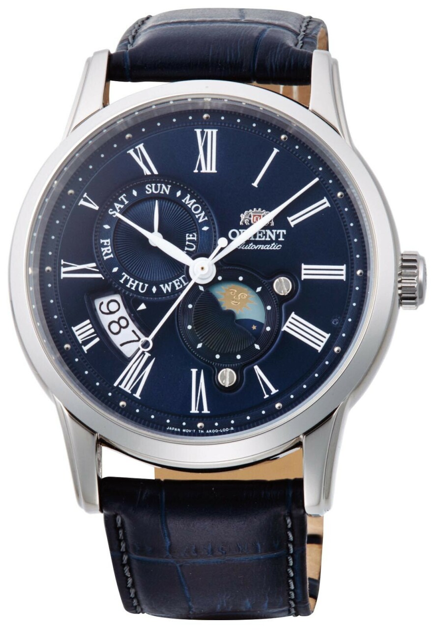 Montre automatique en m&eacute;tal argent&eacute; cadran bleu pour homme avec date et phase de lune