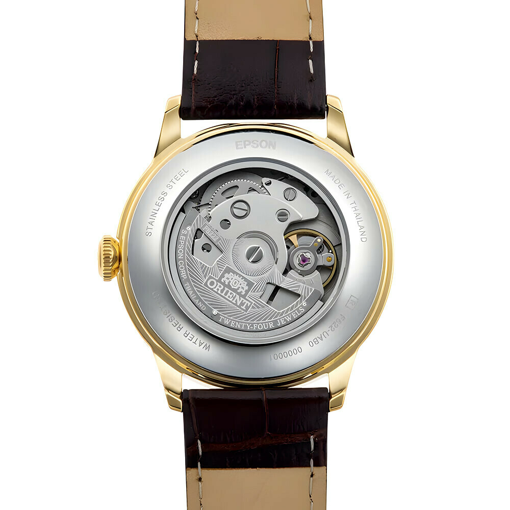 Montre automatique Orient Bambino petite seconde dor&eacute;e blanc homme RA-AP0105Y arriere
