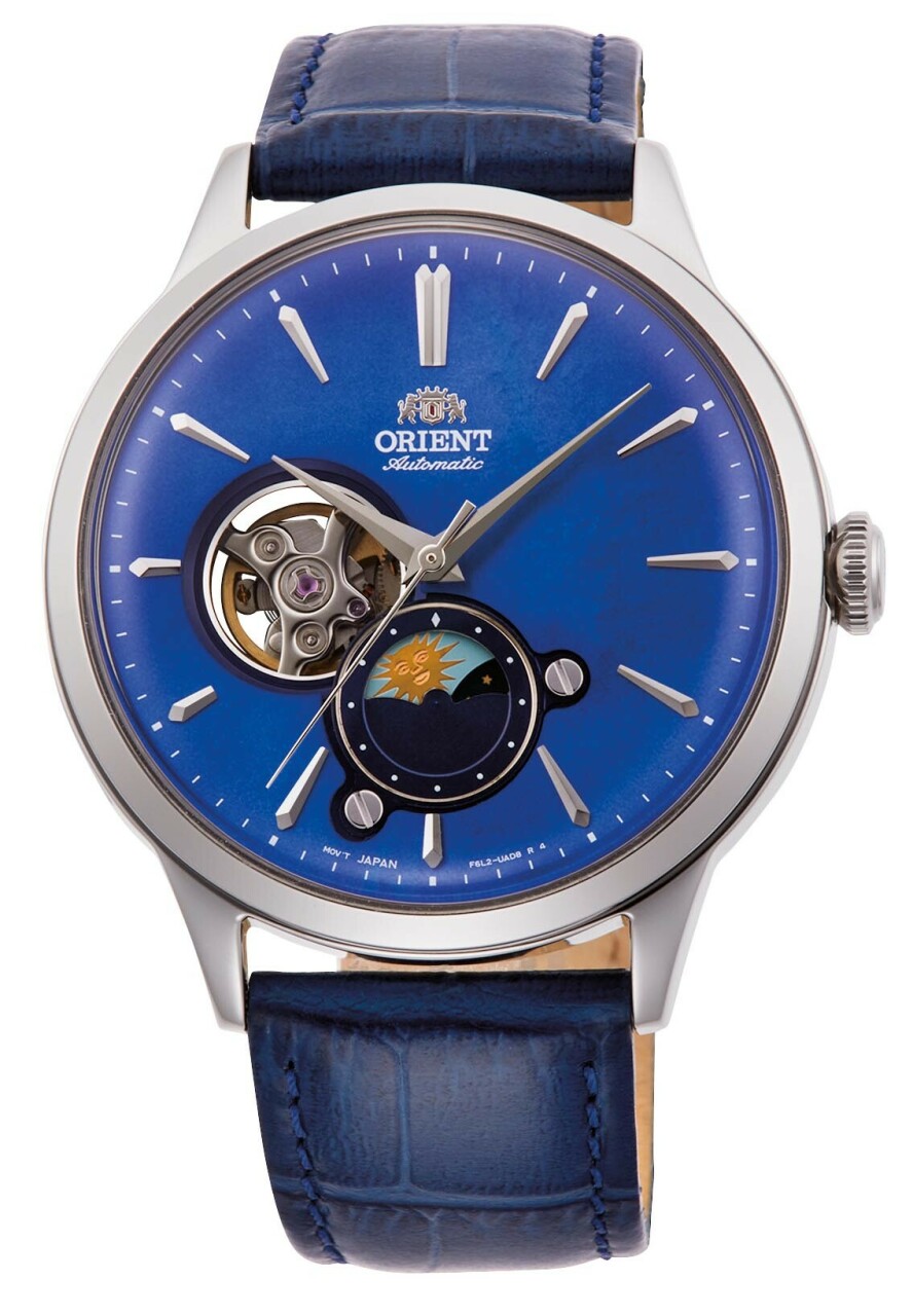 Montre automatique bleue en m&eacute;tal argent&eacute; pour homme avec phase de lune