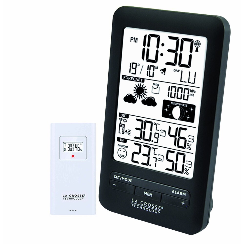 Station m&eacute;t&eacute;o La Crosse Technology radio-pilot&eacute;e noire &agrave; poser