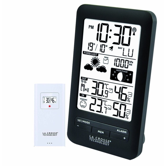 Station m&eacute;t&eacute;o La Crosse Technology radio-pilot&eacute;e noire &agrave; poser