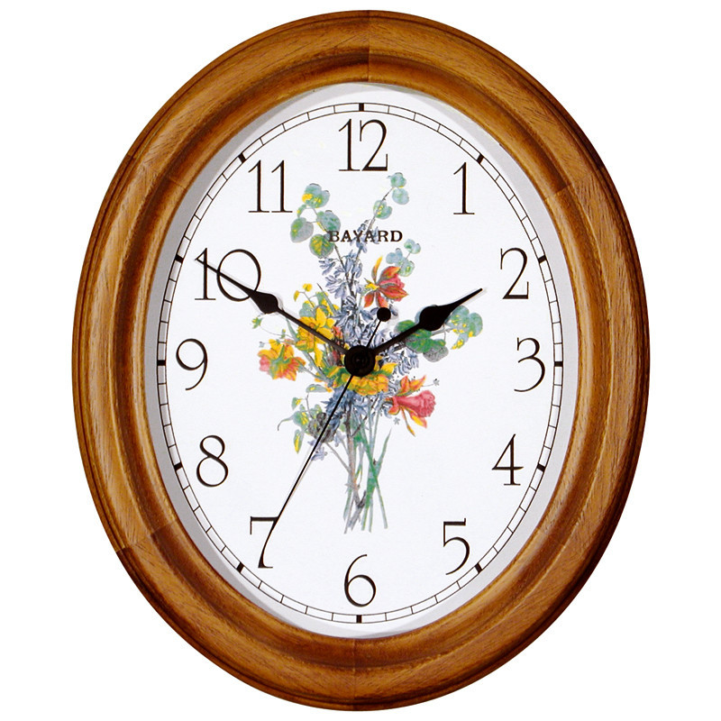 Pendule murale entourage bois ovale d&eacute;cor fleurs