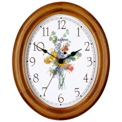 Pendule murale entourage bois ovale décor fleurs