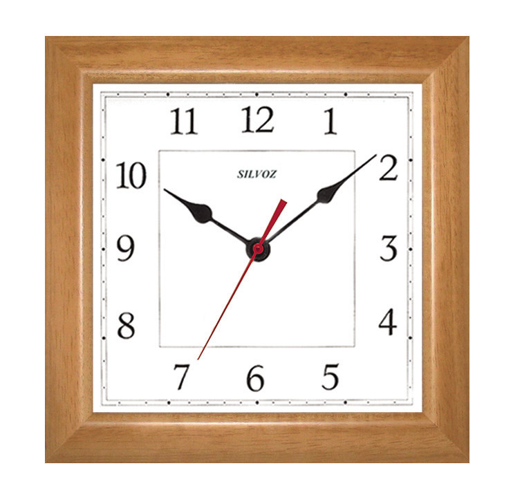 Horloge murale carr&eacute;e entourage bois teint&eacute; miel