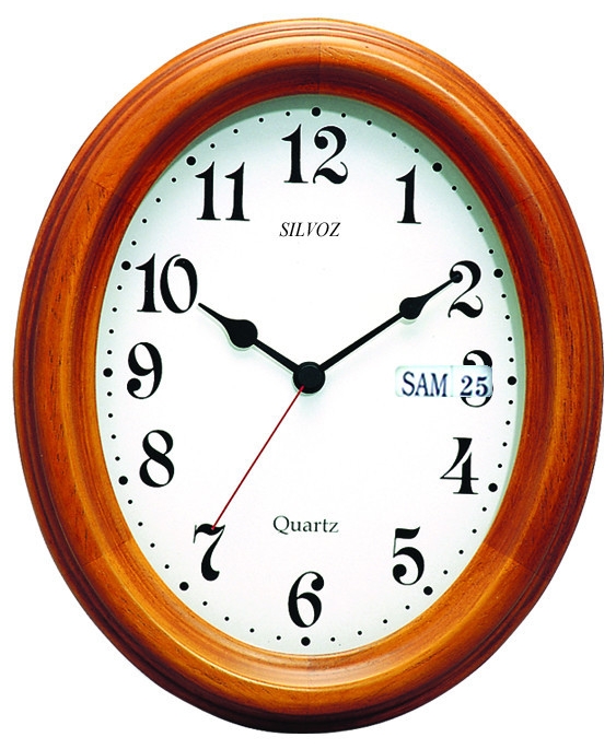 Horloge murale ovale entourage bois teint&eacute; merisier_calendrier