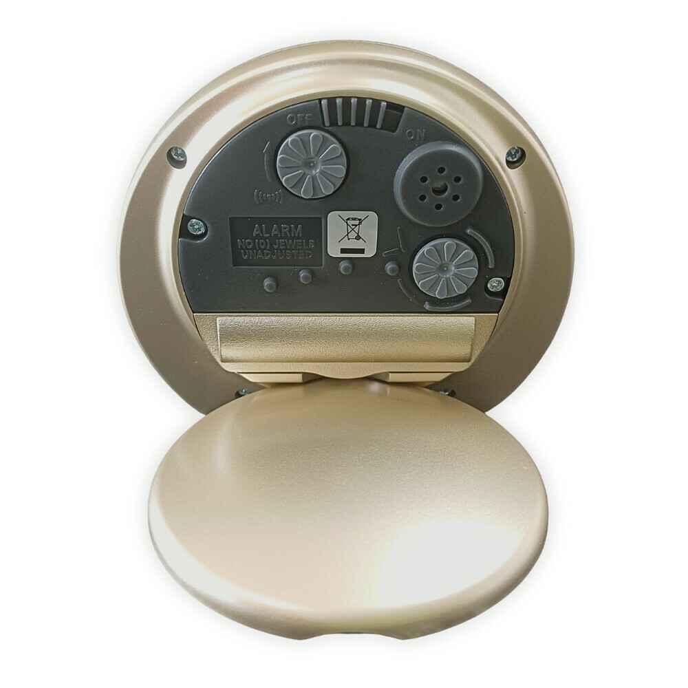 R&eacute;veil de voyage rond dor&eacute; cadran blanc arri&egrave;re