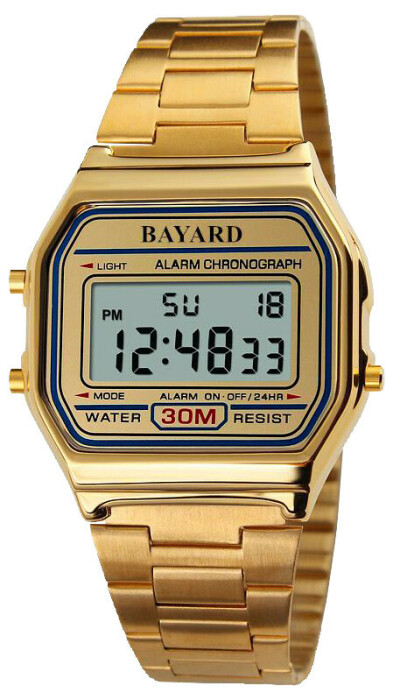 Montre digitale dorée avec jour et date