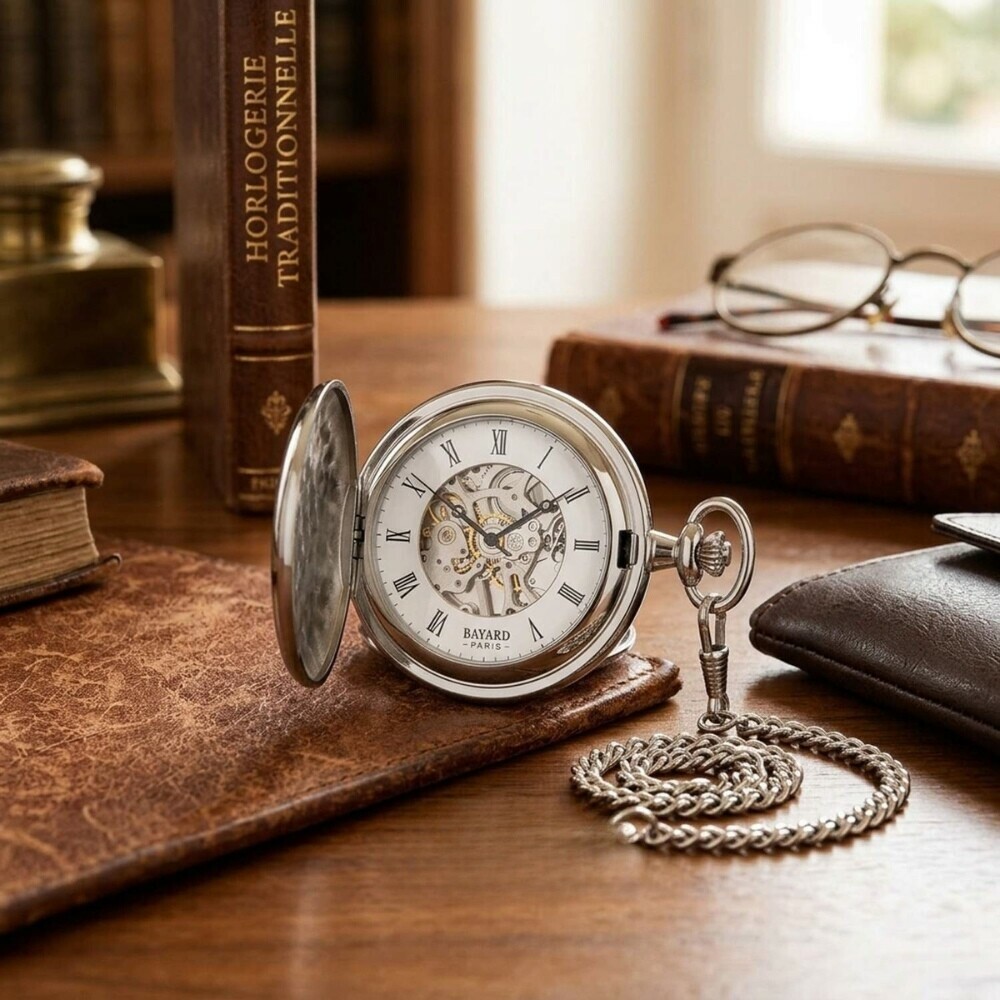 Montre m&eacute;canique de poche argent&eacute;e avec clapet Bayard_lifestyle
