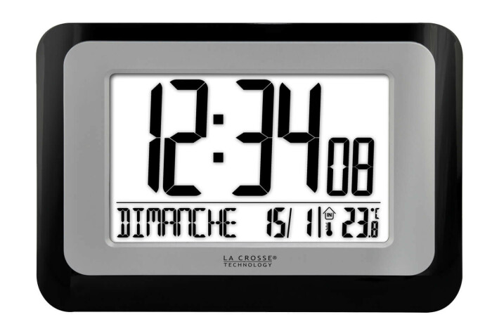 Horloge Reveil Numerique Murale Radiopilotee - Calendrier - 6 Langues - 2  Alarmes - Temperature Ambiante - Murale ou Pied - 24 x 14CM - Motif Bois