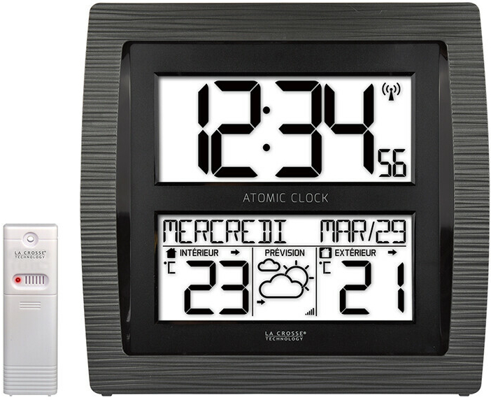 Horloge murale effet bois station m&eacute;t&eacute;o avec sonde ext&eacute;rieure
