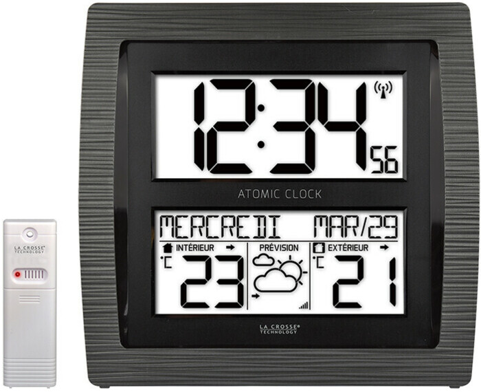 Horloge murale effet bois station m&eacute;t&eacute;o avec sonde ext&eacute;rieure