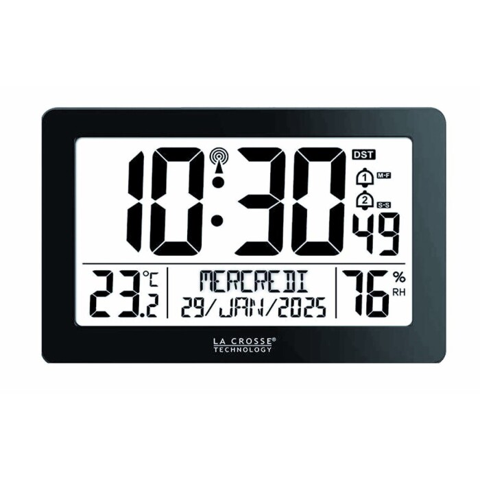 Horloge num&eacute;rique La Crosse Technology noire affichage de la date en fran&ccedil;ais