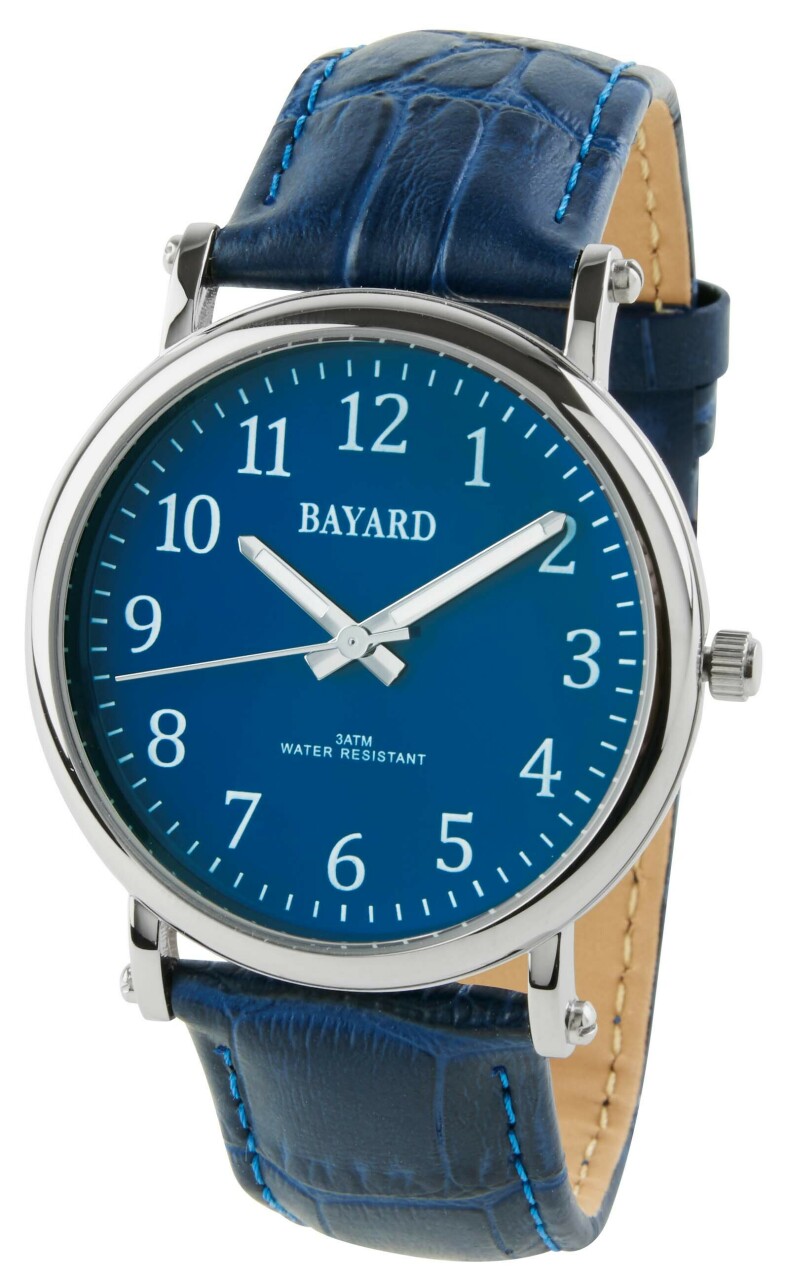 Montre &agrave; quartz bleue pour homme boitier argent&eacute; bracelet en peau