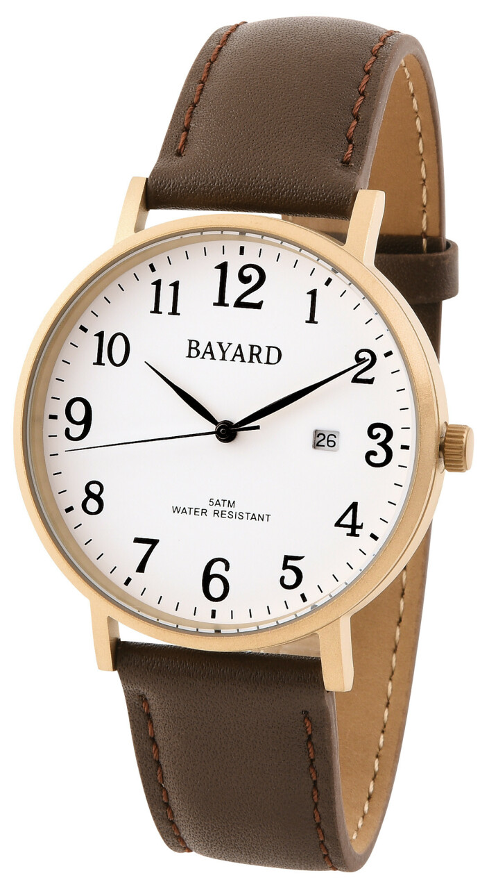 Montre ronde en titane dor&eacute; pour homme bracelet marron