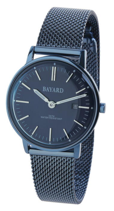 Montre à calendrier pour dame bleu marine bracelet mailles italiennes Bayard