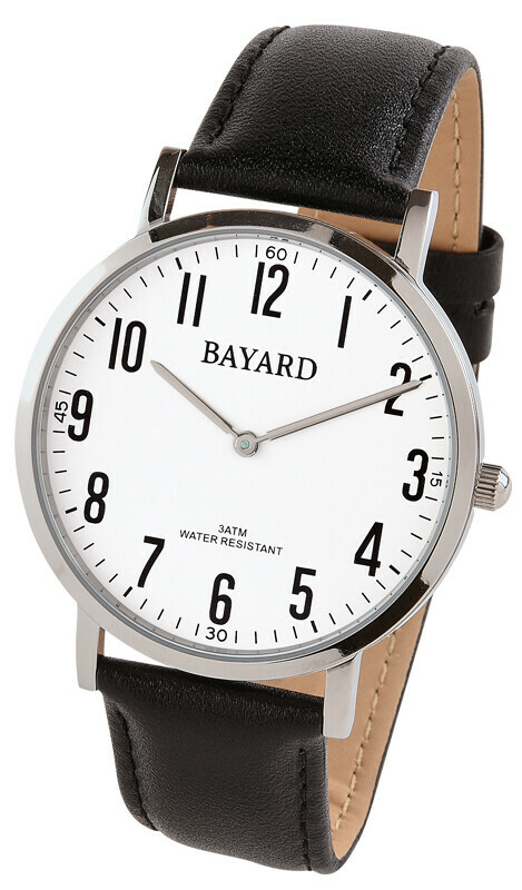 Montre &agrave; quartz ronde pour homme boitier argent&eacute; bracelet cuir noir Bayard
