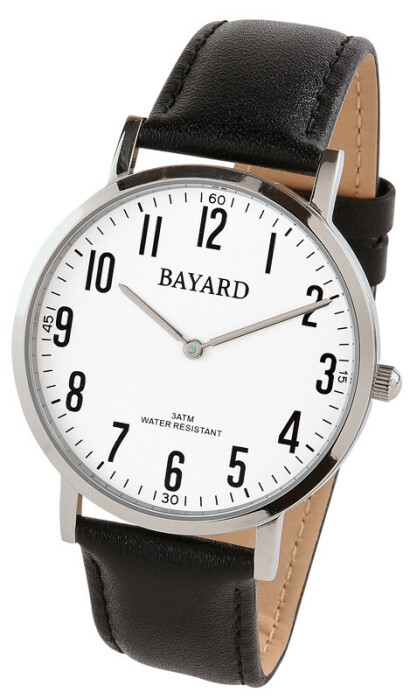 Montre à quartz ronde pour homme boitier argenté bracelet cuir noir Bayard