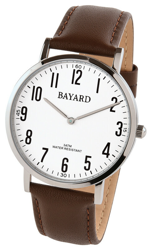 Montre &agrave; quartz ronde pour homme boitier argent&eacute; bracelet cuir marron Bayard