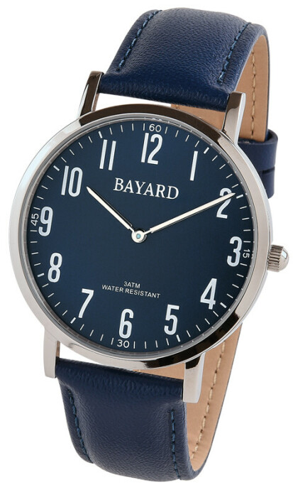 Montre &agrave; quartz ronde bleue pour homme boitier argent&eacute; bracelet cuir