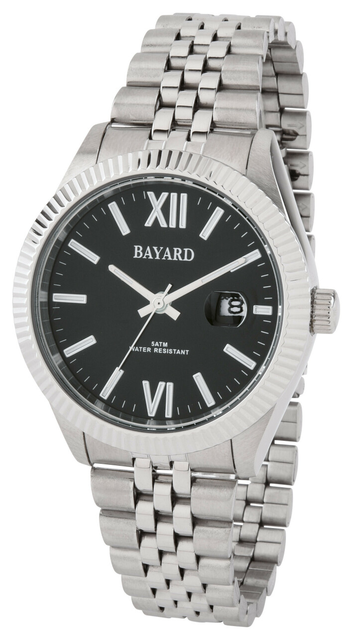 Montre pour homme cadran noir avec date boitier argent&eacute; lunette cannel&eacute;e