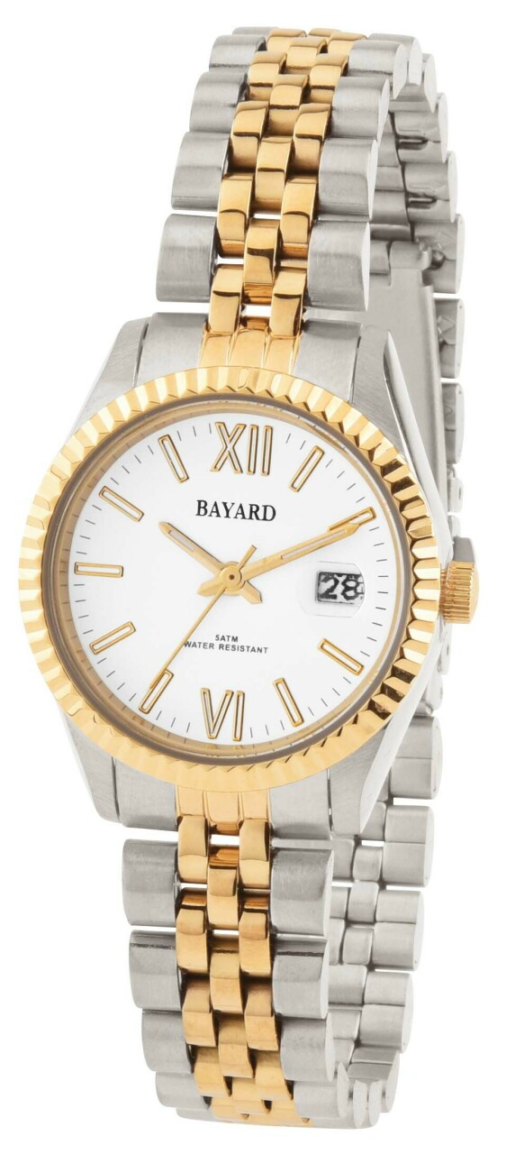 Montre pour dame en acier argent&eacute; et dor&eacute; avec date boucle d&eacute;ployante cadran blanc