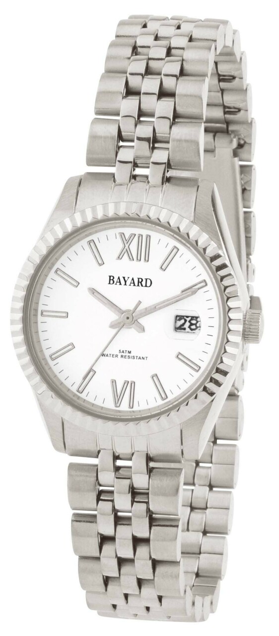 Montre pour dame en acier argent&eacute; avec date boucle d&eacute;ployante cadran blanc