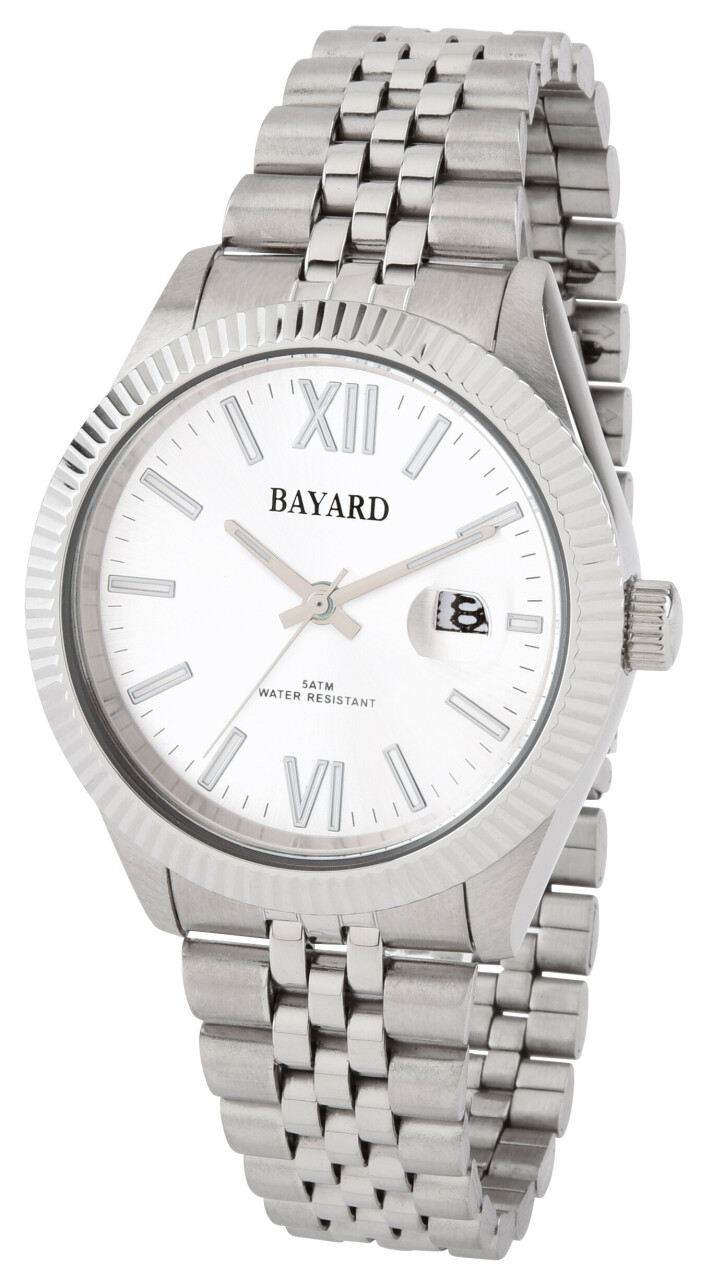 Montre pour homme cadran blanc avec date boitier argent&eacute; lunette cannel&eacute;e