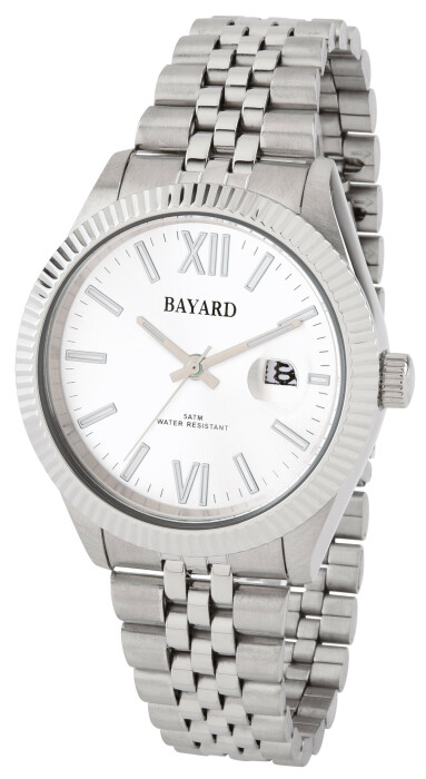 Montre pour homme cadran blanc avec date boitier argent&eacute; lunette cannel&eacute;e