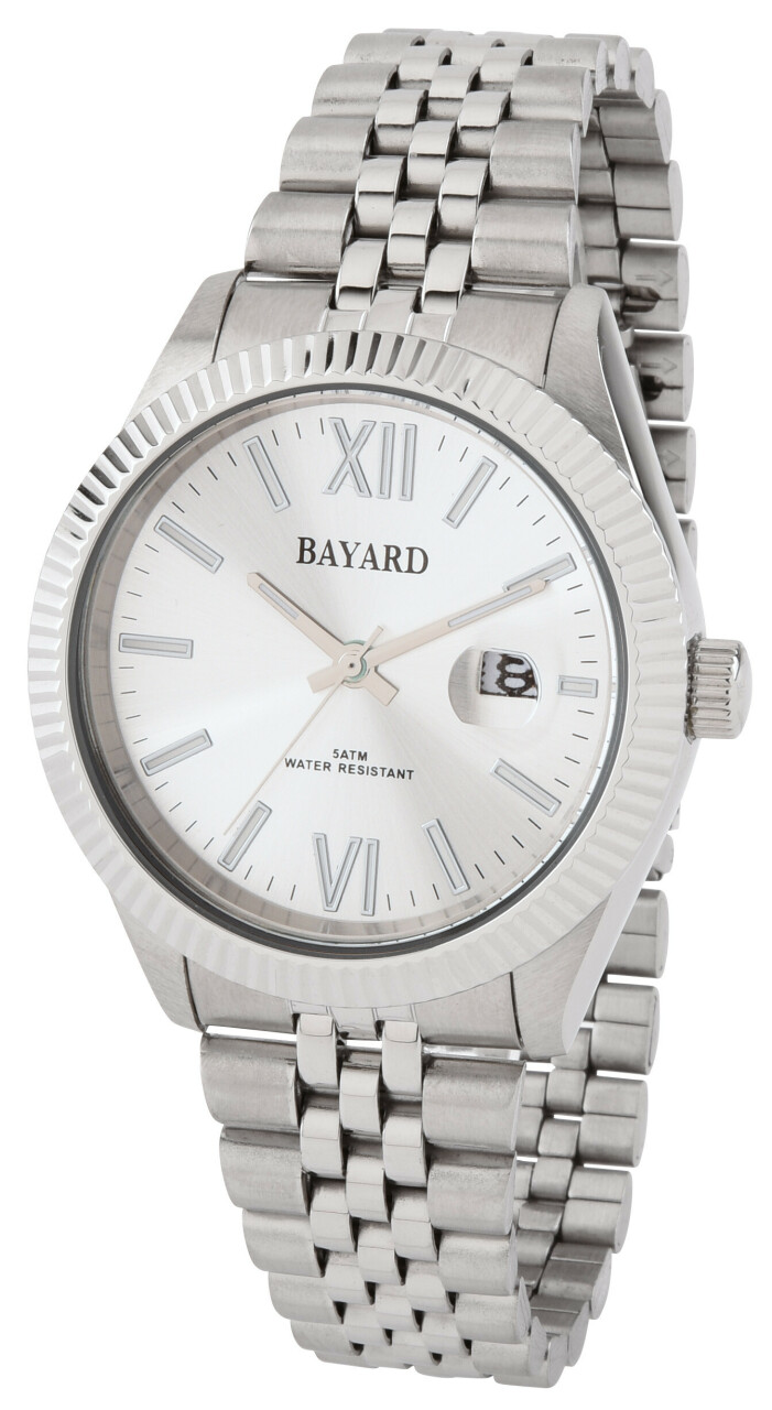 Montre pour homme cadran champagne avec date boitier argent&eacute; lunette cannel&eacute;e