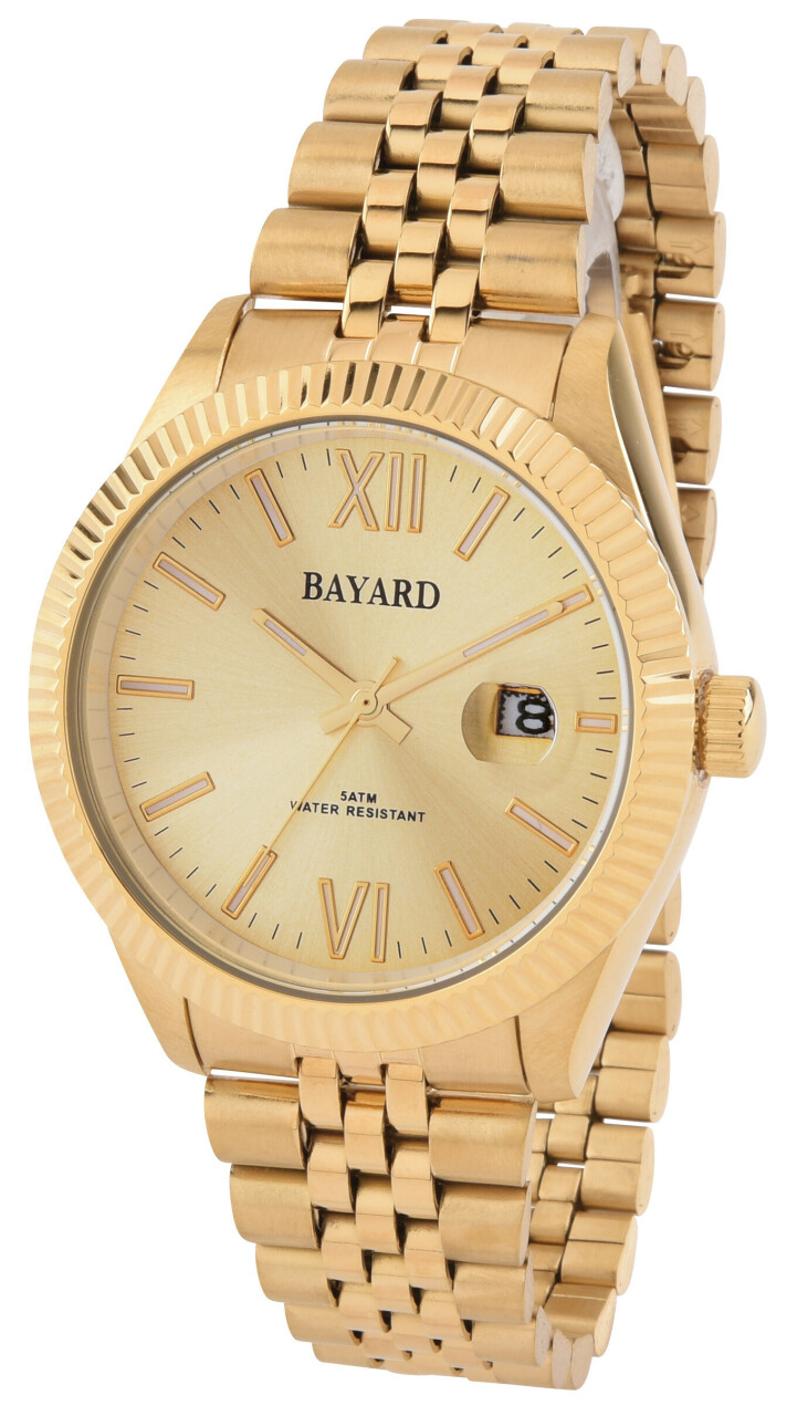 Montre dor&eacute;e pour homme cadran dor&eacute; avec date lunette cannel&eacute;e