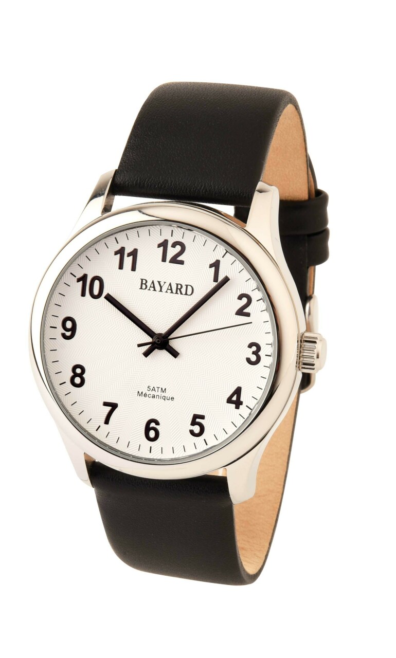 Montre m&eacute;canique cadran blanc Bayard homme bracelet noir