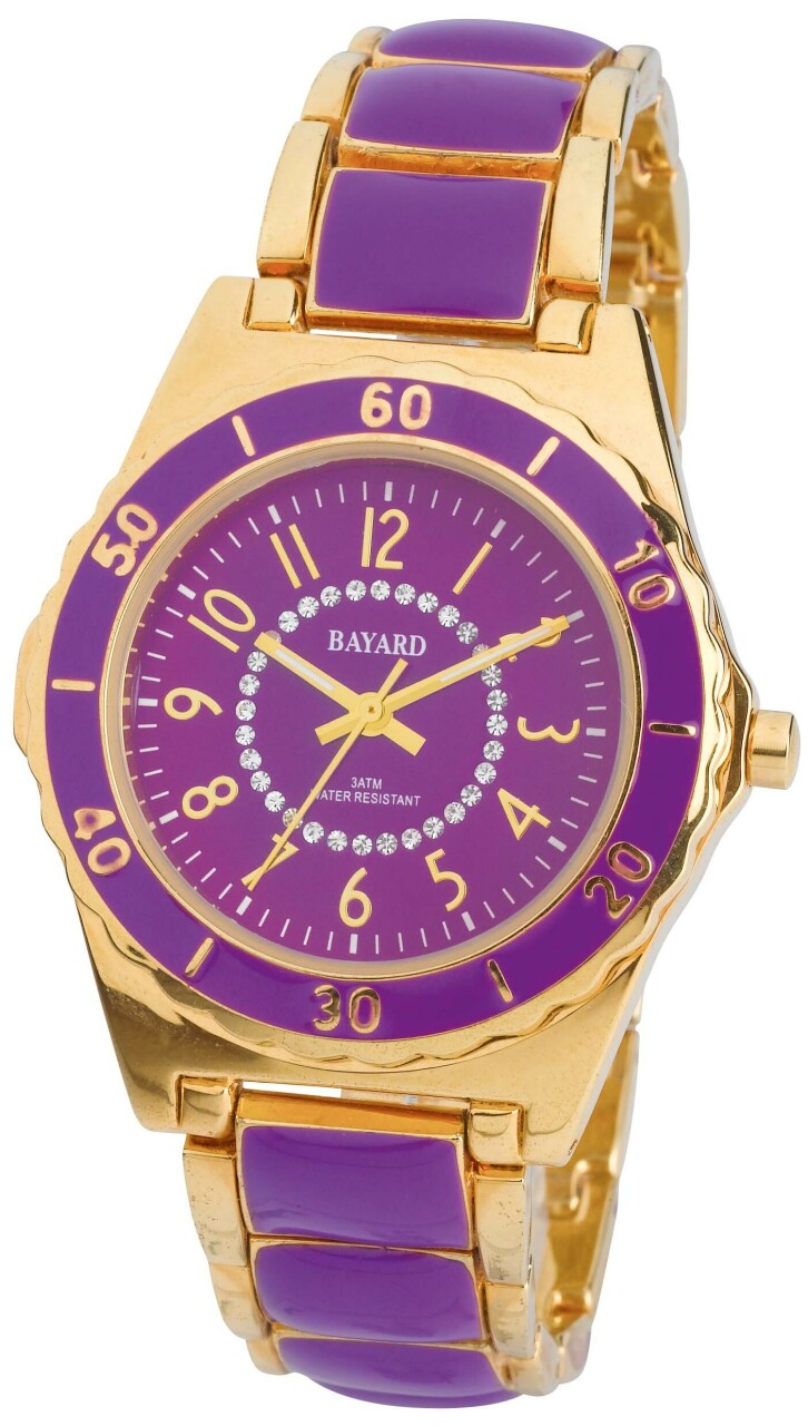 Montre ronde violette boitier dor&eacute; en m&eacute;tal Bayard