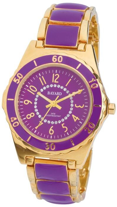 Montre ronde violette boitier doré en métal Bayard
